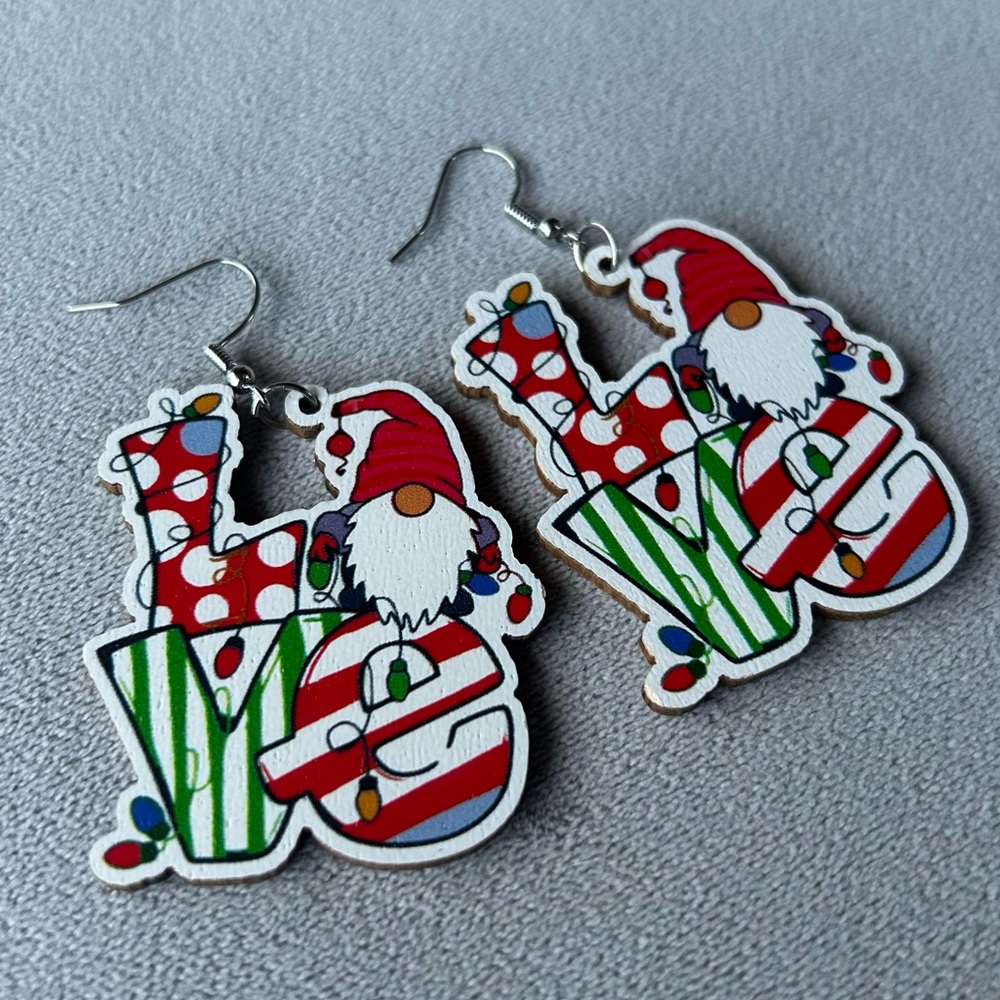 Christmas “Love” Gnome ~ Wooden Earrings ~ Brand New!